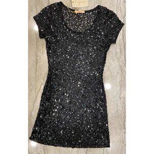Kyra: Black Sequin mini dress. Size S, sheer mesh background: NWT